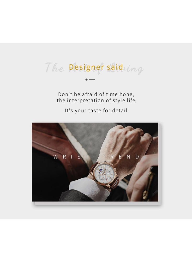 لييج ساعات رجالية مقاومة للماء، ساعة كوارتز تناظرية مناسبة للأعمال مع حزام جلدي فاخر باللونين الفضي والأسود. - Image 3